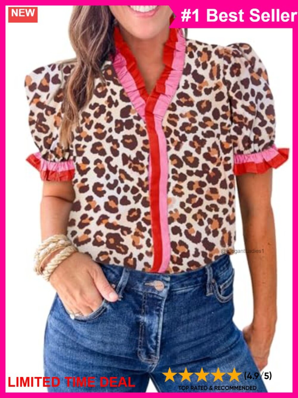 Womens Summer Floral Leopard Puff Sleeve Button Down Blouse